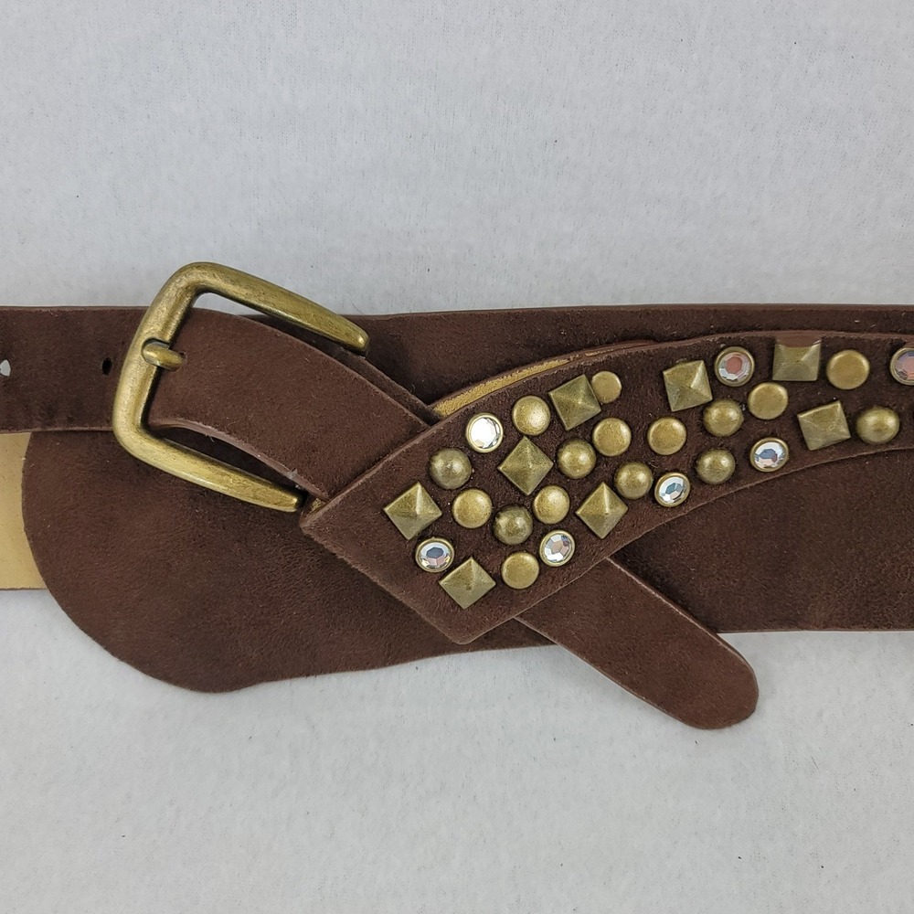 Steve Madden Womens Vintage Brown Leather Studded Rhinestone Belt SM30733 Small